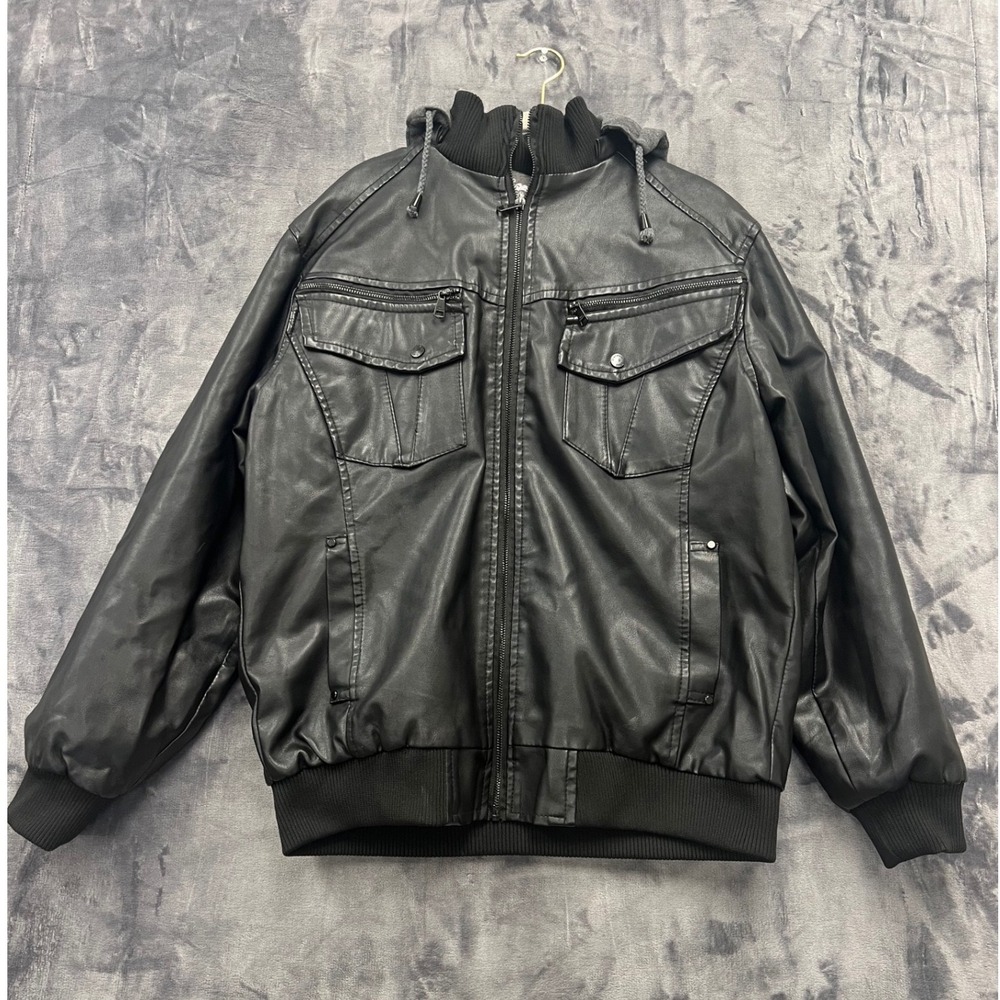 Bleu Grandeur Faux Leather Bomber Jacket Men XL Black Hooded Faux Fur Lined Moto